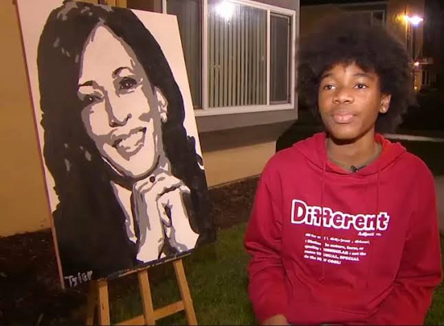 Tyler Gordon paints portrait of Kamala Harris