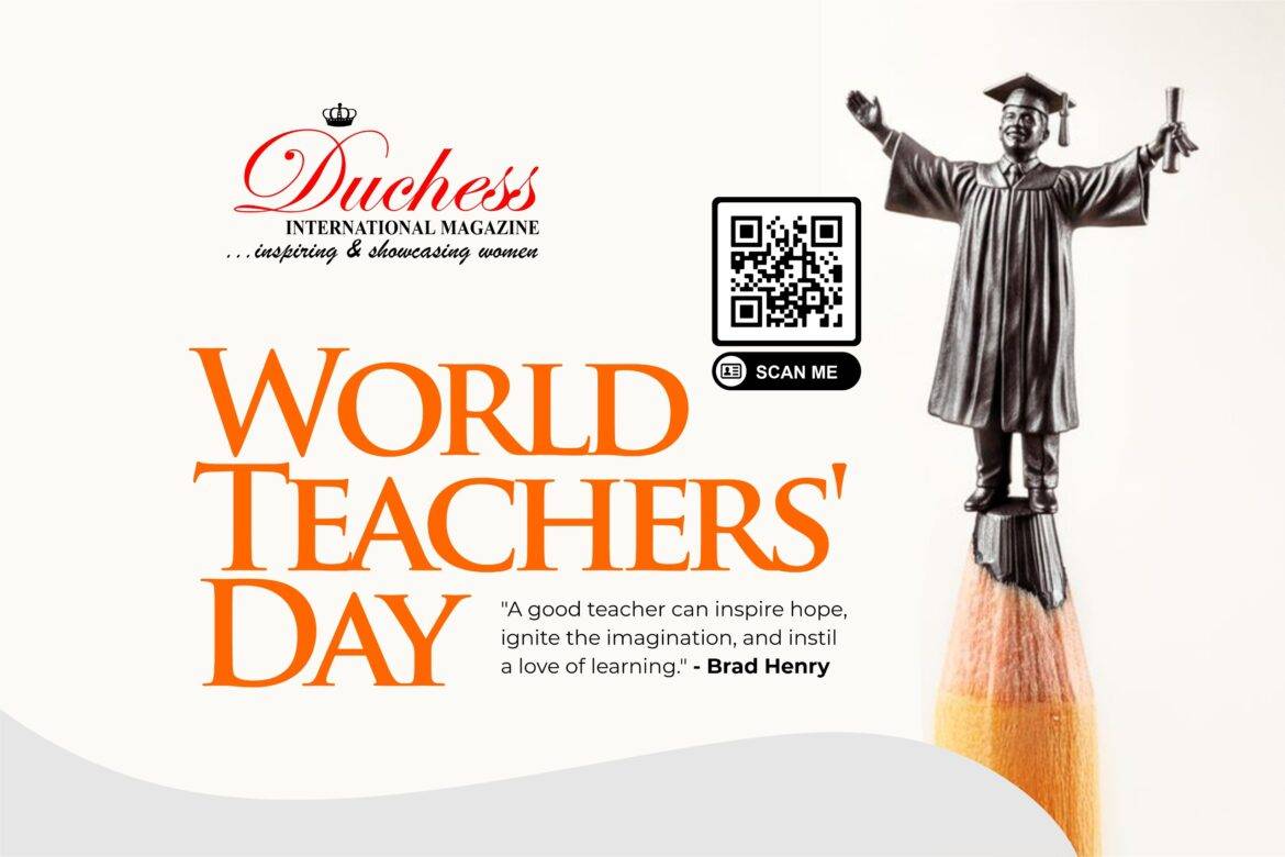 World Teachers' Day graphic celebrating teachers as the builders of future generations and lifelong learning.